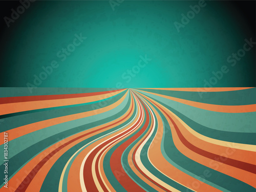 Abstract retro background with curved colorful stripes converging toward a distant horizon on a textured teal sky