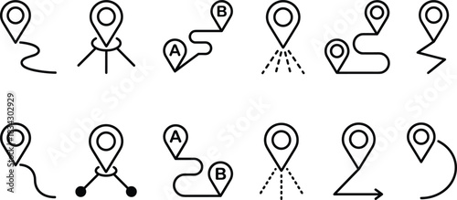 Navigation, GPS, and Route Outline Icons Vector Set, Map Marker and Tracking Thin Line Symbols, Destination, Location Pin, Travel Path, Direction Guide