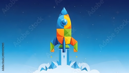 Fototapeta Naklejka Na Ścianę i Meble -  Colorful geometric rocket ship launching into starry blue space for startup concept