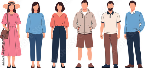 Casual People Characters Vector Illustration Showing Men and Women in Modern Clothes Standing Together Lifestyle Fashion Flat Design Concept