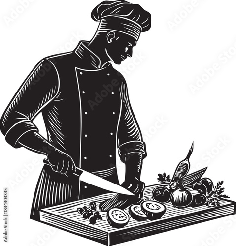 Chef in uniform preparing food and chopping vegetables on a cutting board isolated on transparent background