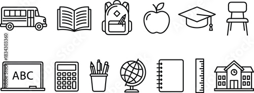 School education supplies icons set, college university learning study tools symbols, bus book bag apple globe calculator ruler house vector