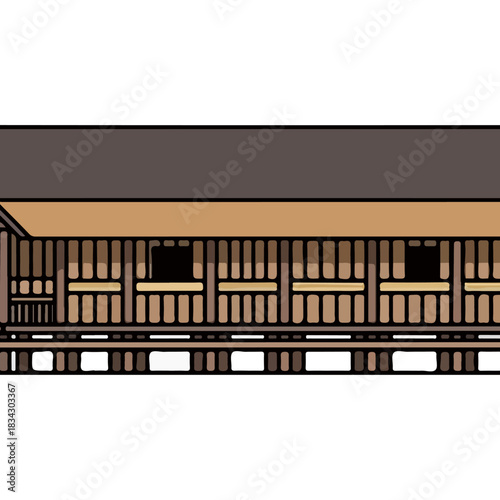 Traditional wooden house facade with intricate lattice work and open windows, a simple architectural design