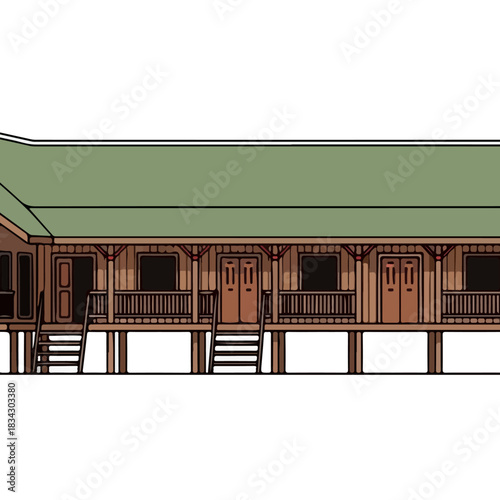 Traditional wooden stilt house building exterior with a green roof and porch railings, detailed illustration