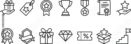 Rewards and Loyalty Program Line Icons Set, Including Gift, Discount, Coupon, Medal, Trophy, Star Badge, Diamond, Certificate, and Achievement Symbols, Isolated on White Background.
