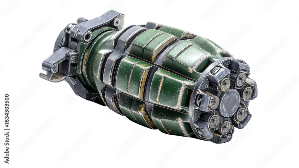 Fototapeta premium PNG of A detailed close-up of a green vintage hand grenade, showcasing its weathered surface and intricate design.