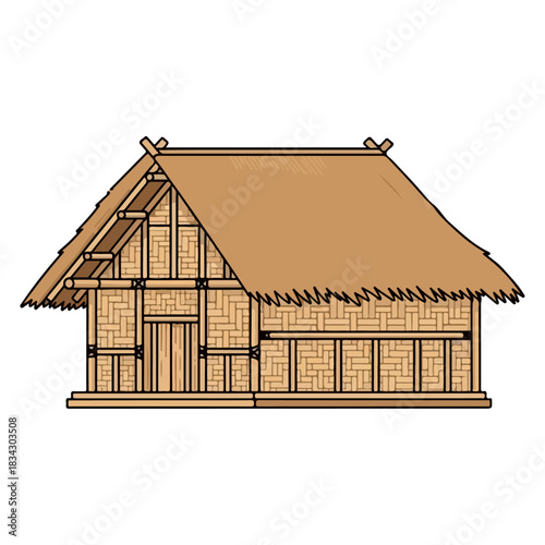 Traditional Bamboo Hut House Illustration with Thatched Roof and Rustic Design Elements