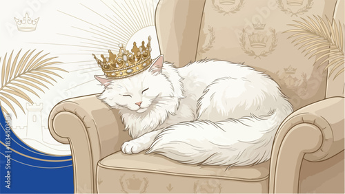 A regal white cat wearing a golden crown resting on a plush armchair.