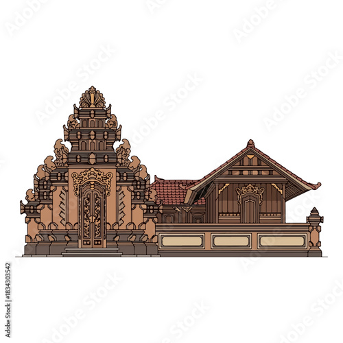 Traditional Balinese Temple Gate Candi Bentar Structure Ornate Carvings Detailed Architectural Design Illustration