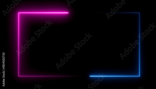 Pink and blue neon rectangles on black background light