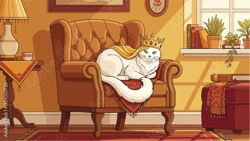 Majestic cat wearing a crown relaxing on a comfortable armchair in a cozy room.