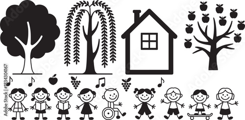 Children in drawing style playing and studying around house and trees