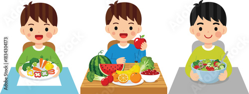 Cute Boy Eating Fruits and Vegetables Vector Illustration Showing Healthy Food Nutrition Meal and Happy Kids Lifestyle Concept
