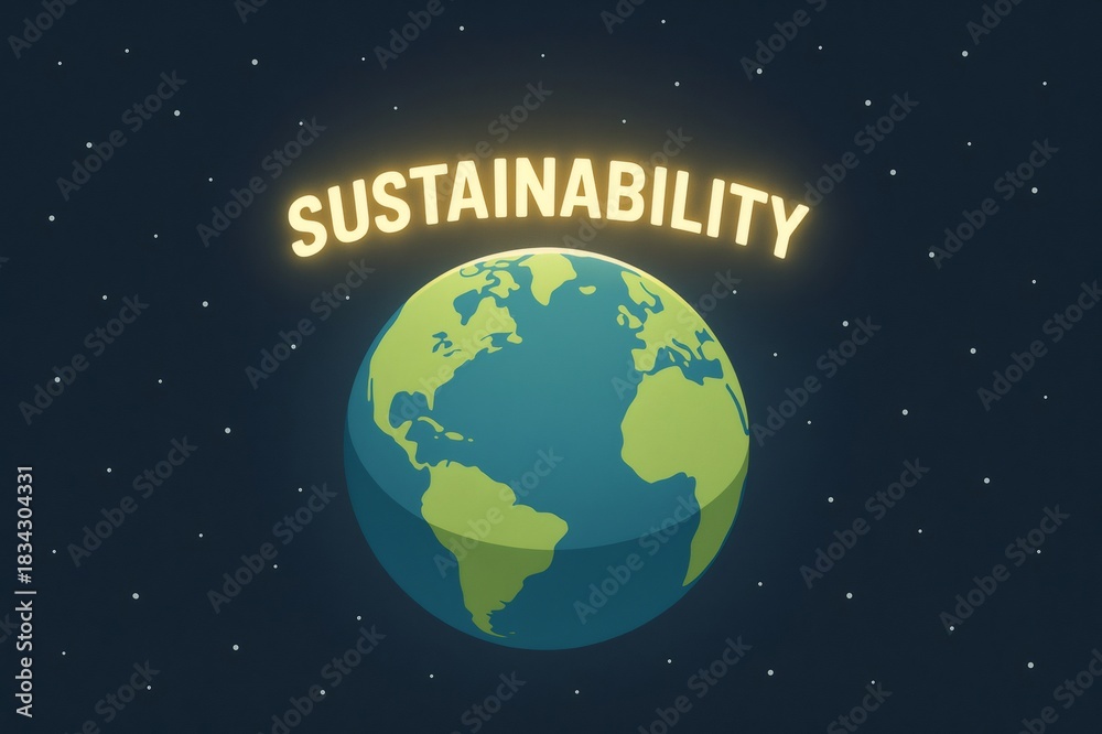 Fototapeta premium Earth in space with the glowing word SUSTAINABILITY above, representing environmental protection and global responsibility