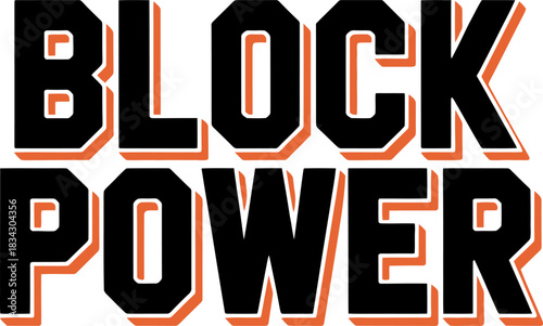 Black and orange block letters spelling block power block power text bold letters