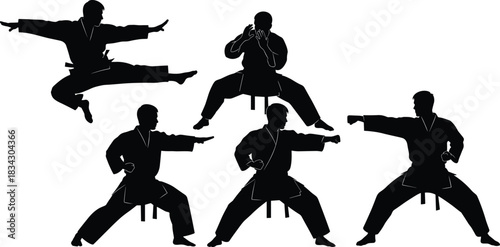 Dynamic Karate and Martial Arts Silhouettes Vector Set, Illustrating Fighters Practicing High Kicks, Powerful Punches, and Jumping Moves, Emphasizing Combat Sport, Discipline, Training
