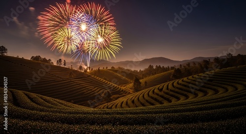 Spectacular fireworks display over terraced fields at night.