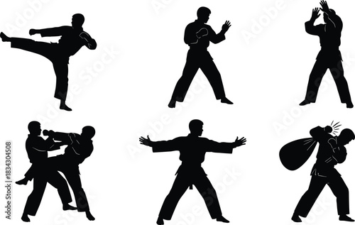 Dynamic Martial Arts Silhouettes Collection, Professional Vector Set of Fighters Practicing Karate, Taekwondo, and Self-Defense Poses, Illustrating Power, Discipline, Fitness, and Combat Sports 