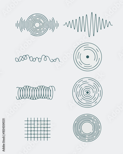 Collection of Sound Waves and Patterns to Represent Different Types of Signals and Frequencies Flat Vector Style Line Illustration