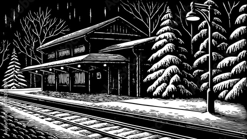 snowy train station surrounded by winter scenery, soft lighting, and peaceful atmosphere perfect for nostalgic Christmas 2026 visuals