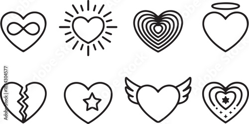 Set of Heart Icons With Infinity, Rays, Concentric, Angel, Star, Broken and Wings Shapes Represent Love, Care and Affection Symbol