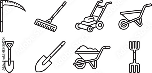 Gardening Tools Collection Featuring Shovel Rake Scythe Wheelbarrow Lawnmower and Fork in Simple Outline Style for Landscape Work