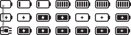 Battery Level Indicators for Charging and Power Status with Empty to Full Capacity, Icons for Energy, Technology, Exactly 130 Characters