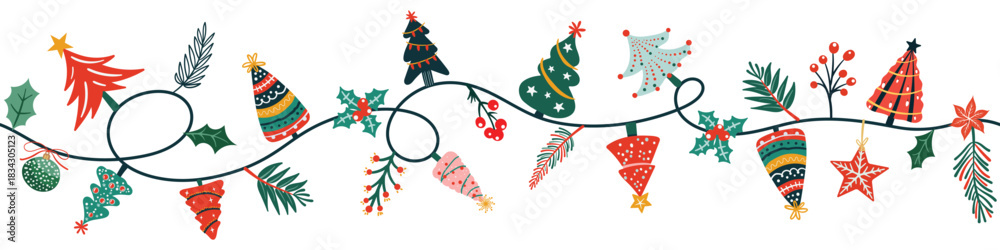 Fototapeta premium Seamless pattern border for Christmas and New Year festival with cute garland and Christmas tree in red and green color tones on a transparent background.
