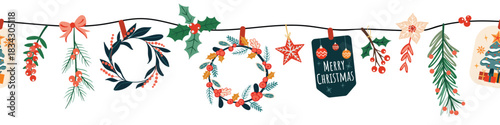 Seamless pattern border for Christmas and New Year festival with cute hanging wreath, holly and cute ornaments in red and green color tones on a transparent background.