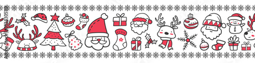 Seamless pattern border for Christmas and New Year festival with cute Santa Clauses, reindeers, gifts, snowflakes, and lines in red, grey and white colors on a transparent background.