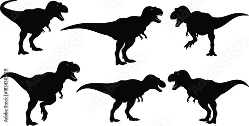 Fearsome Tyrannosaurus Rex Dinosaur Silhouettes Vector Collection, Illustrating Prehistoric Creatures in Dynamic Poses, Emphasizing Wildlife, Jurassic Era, Paleontology, and Powerful Animal Predation.