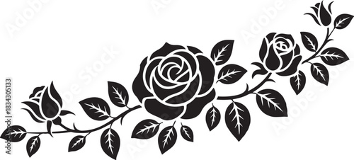 Elegant Rose Branch Silhouette Vector With Leaves for Decor or Floral Ornament and Vintage Decoration on Transparent Background