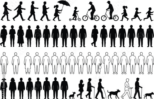 Diverse Crowd of People Silhouette Vectors on White Background