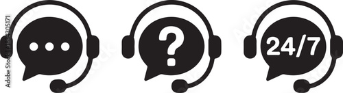 Customer Service Icon Set With Headphone and Speech Bubble for Online Assistance and Contact Center Availability Around Clock 24/7