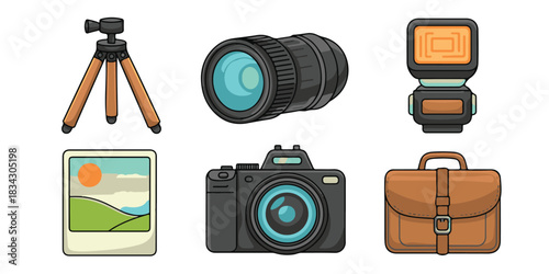 Photography Icon Set Vector With Camera, Lens, Tripod, Flash, Photo and Bag for Visual Arts and Capturing Memories