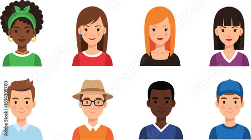 Diverse People Face Avatar Set Vector Illustration Showing Men and Women Characters Different Ethnicity Age and Style Flat Design Concept