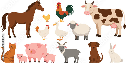 Farm Animal Collection Vector Illustration Showing Cow Horse Goat Sheep Pig Chicken Dog Cat and Rabbit Cute Livestock Farming Concept