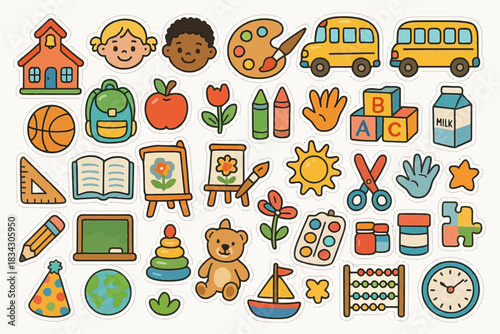 Colorful school stickers with diverse faces and fun learning icons for kids