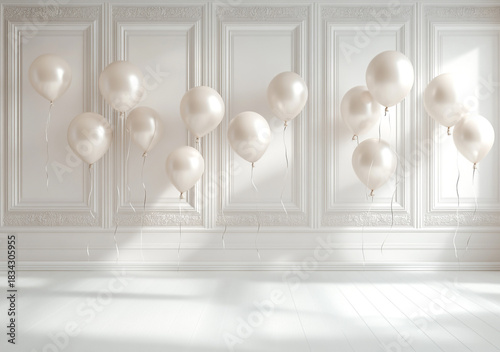 A beautiful, elegant background of white balloons and sparkling, glittery strings hanging over a distressed white floor, perfect for a party or celebration.
