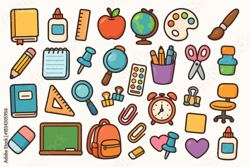 Colorful school supplies set with backpack, globe, and art tools