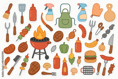 Colorful barbecue stickers featuring grill, tools, and food items including meat and veggies
