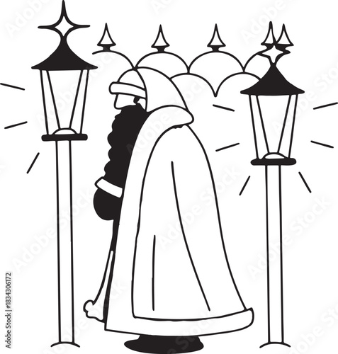 Winter Wanderer lamplight Silhouette Santa vector Santa black and white Christmas elements