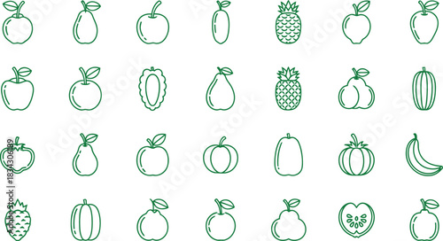 Fresh Fruits and Vegetables Line Art Pack – Simple Outline Vector Illustrations Featuring Organic Fruits and Green Veggies for Menu Layouts and Creative Projects