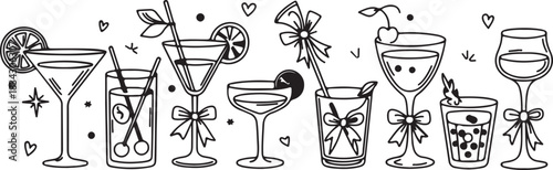 Cocktail Drinks Line Art with Ribbons and Embellishments Illustration