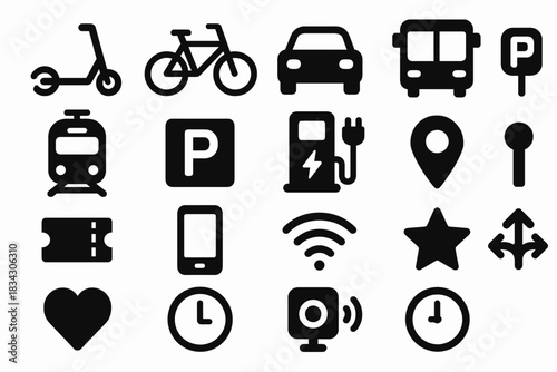 Set of transportation and navigation icons including scooter, bicycle, car, bus, and more