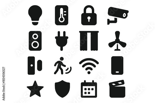 Smart home icon set: connectivity, security, automation, climate control