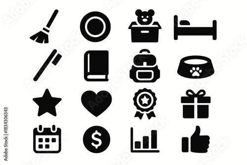 Black icons of everyday items: cleaning, toys, furniture, and more