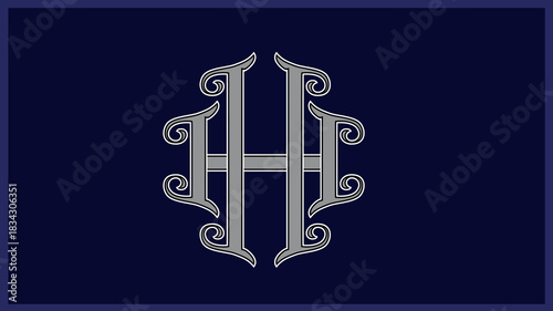 Elegant, ornate monogram HH letter  on a deep blue background