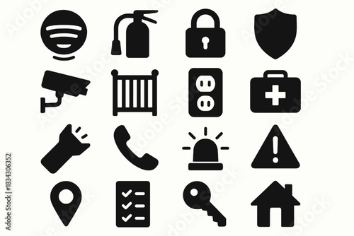 Collection of safety and security icons in black silhouette