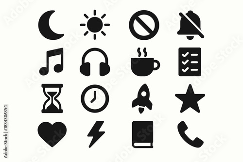 Collection of minimalist icons: moon, sun, music, coffee, rocket, star, heart, phone